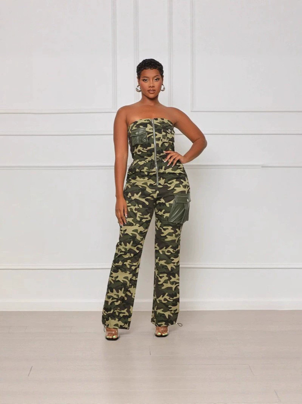 Zara Off Shoulder Bandeau Camo Straight Leg Jumpsuit Elastic Waist Zipper